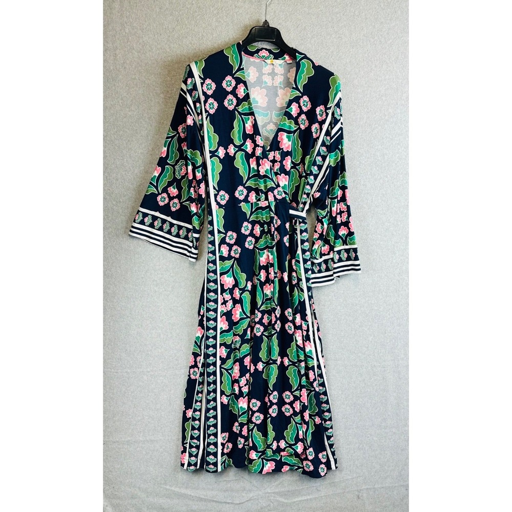 Boden Womans Sz 16/18 Wrap Dress Floral Blue 3/4 Sleeve Knit Stretch V- Neck - Picture 2 of 10